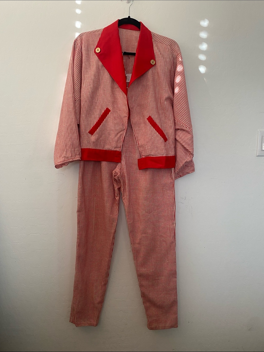Vintage Red Seersucker Pantsuit with Bold Red Trim